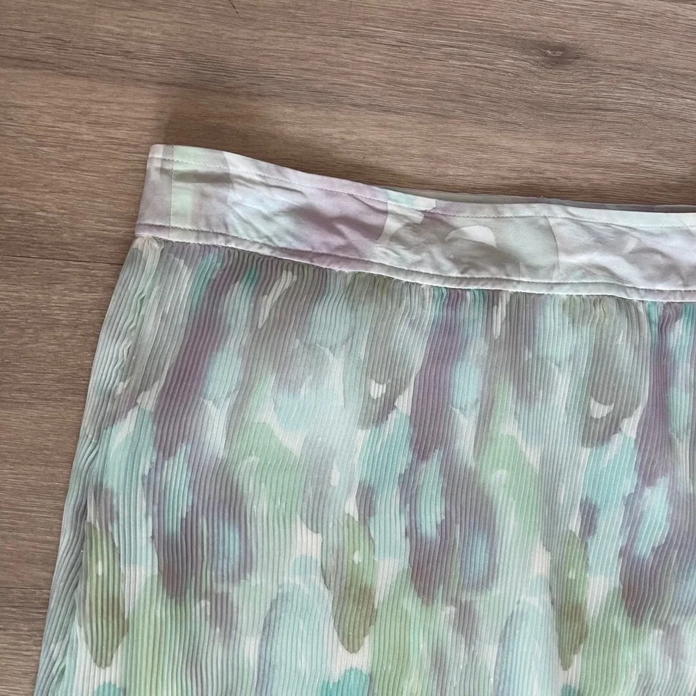 GANNI Pleated Maxi Skirt Large Mint Green Watercolor Plisse Flowy Chic Scandi